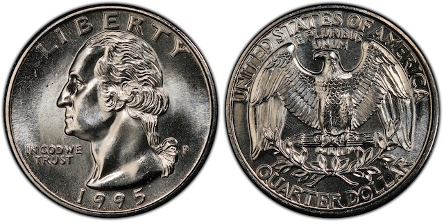 Side-by-side comparison of circulated 1995 quarter versus gem uncirculated MS-68 example showing surface quality difference