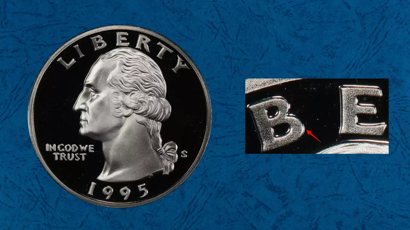 1995-S Washington Quarter Doubled Die Obverse FS-101 showing doubling on IN GOD WE TRUST inscription