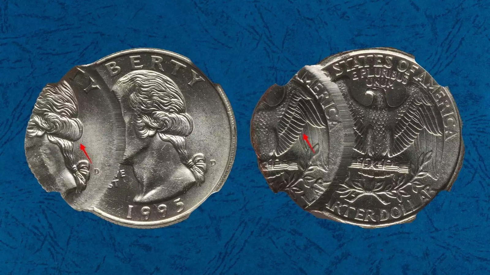 1995 Washington Quarter off-center strike error showing blank planchet crescent and date area