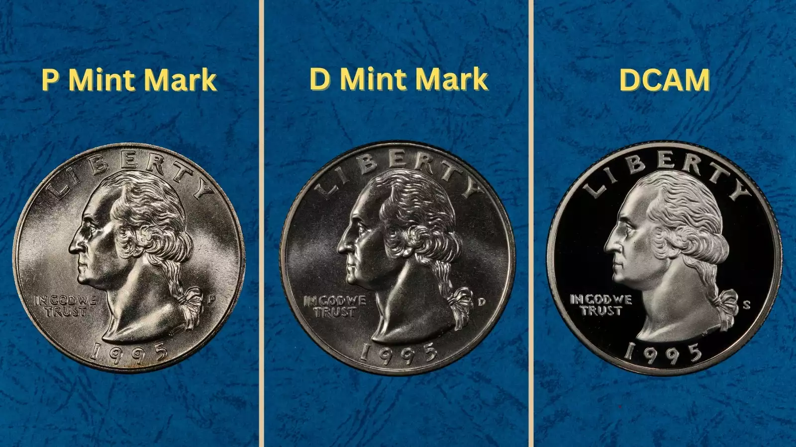 1995 Washington Quarter grading strip showing four condition tiers from worn to gem uncirculated